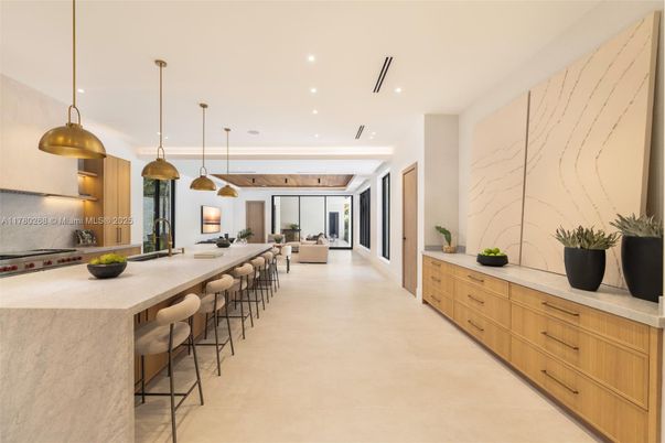 Interior, Kitchen, Marble Walls, Pendant Lights, Recessed Lighting