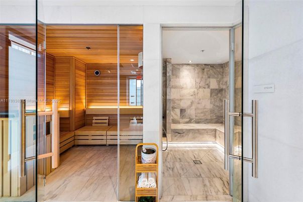 Bathroom, Glass Shower, Interior, Marble, Marble Walls, Recessed Lighting, Sauna Room