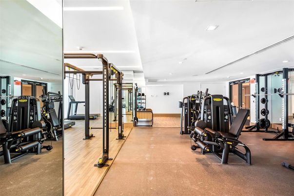 Fitness Equipment, Gym, Interior, Recessed Lighting, Wood Texture Flooring