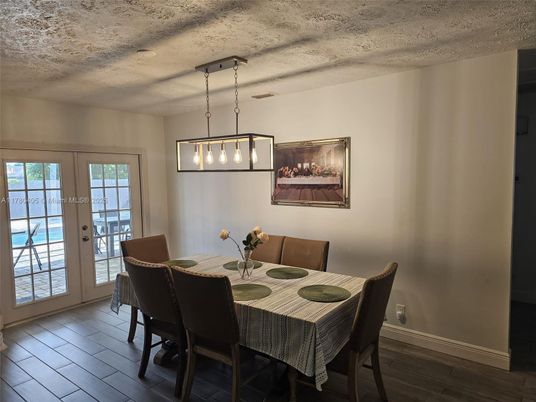 Dining room, Interior, Pendant Lights, Wood Texture Flooring