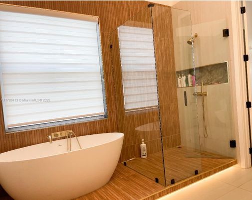 Bathroom, Free Standing Baths, Glass Shower, Interior, Wood Texture Flooring