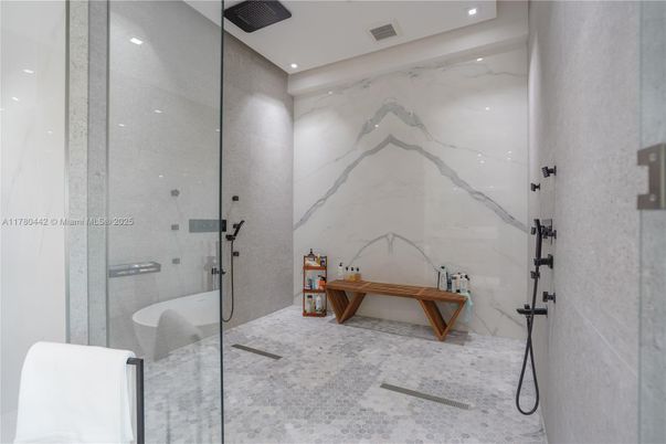 Bathroom, Glass Shower, Interior, Marble Walls, Recessed Lighting