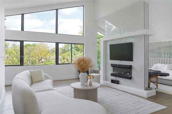 Fireplace, Interior, Living room, Marble Walls, Recessed Lighting, Wood Texture Flooring