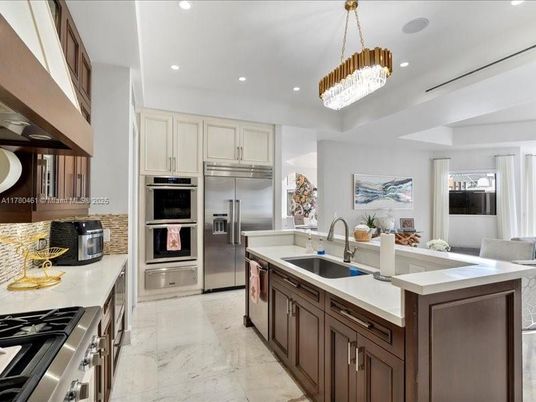 Chandelier, Interior, Kitchen, Marble, Pendant Lights, Recessed Lighting, Stainless Steel Appliances