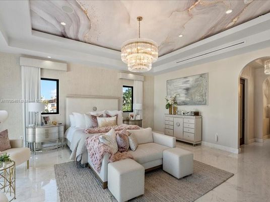 Bedroom, Chandelier, Interior, Marble, Recessed Lighting