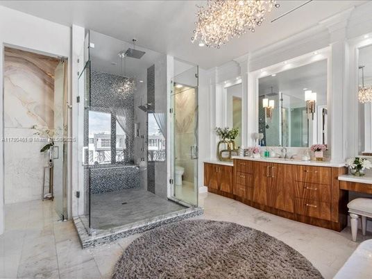 Bathroom, Chandelier, Dual Sink Vanities, Glass Shower, Interior