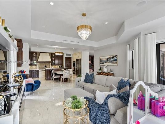 Chandelier, Dining room, Interior, Kitchen, Living room, Recessed Lighting, Stainless Steel Appliances