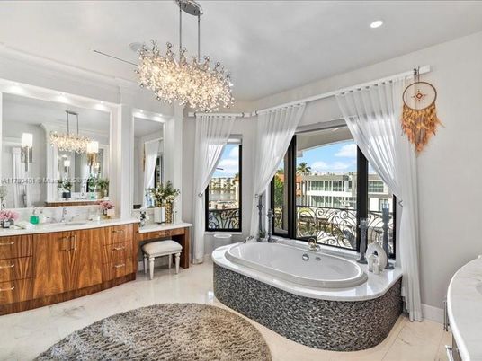 Bathroom, Chandelier, Dual Sink Vanities, Interior, Marble, Recessed Lighting