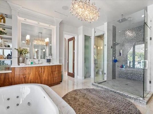 Bathroom, Chandelier, Dual Sink Vanities, Glass Shower, Interior