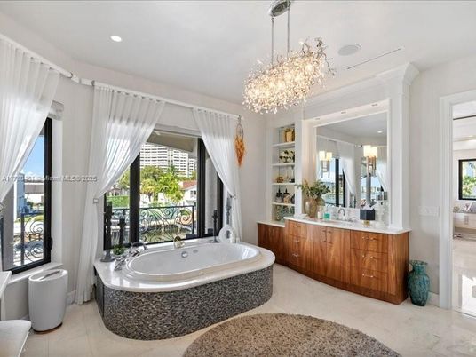 Bathroom, Chandelier, Dual Sink Vanities, Interior, Recessed Lighting