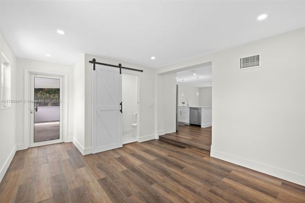 Empty room, Interior, Kitchen, Recessed Lighting, Wood Texture Flooring