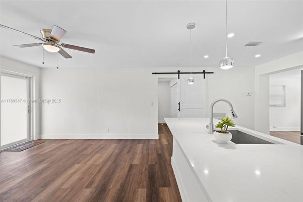 Interior, Kitchen, Pendant Lights, Recessed Lighting, Wood Texture Flooring