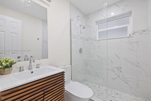 Bathroom, Glass Shower, Interior, Marble Walls, Recessed Lighting