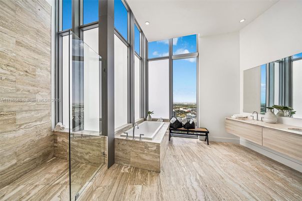 Bathroom, Glass Shower, Interior, Recessed Lighting, Wood Texture Flooring