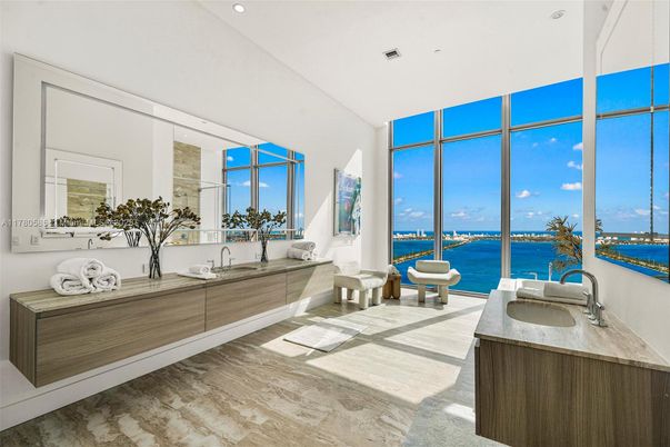 Bathroom, Dual Sink Vanities, Interior, Recessed Lighting, Water, Wood Texture Flooring