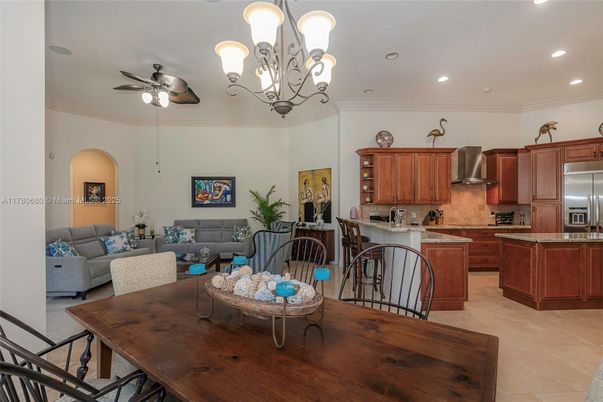 Chandelier, Dining room, Interior, Kitchen, Living room, Recessed Lighting, Stainless Steel Appliances