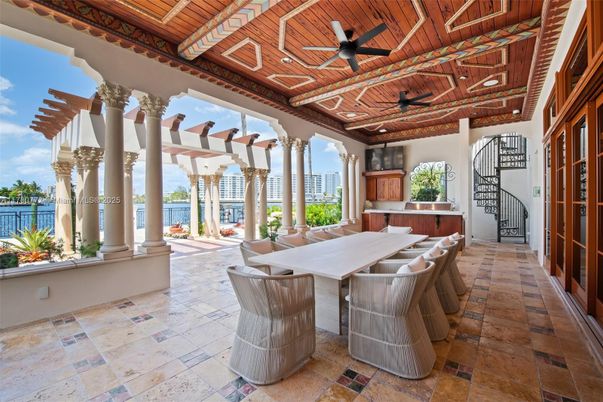 Dining room, Exterior, Interior, Recessed Lighting, Water, Wooden Beams, Wooden Ceilings