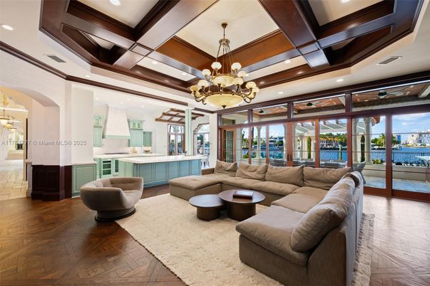 Chandelier, Interior, Living room, Recessed Lighting, Wooden Beams, Wood Texture Flooring