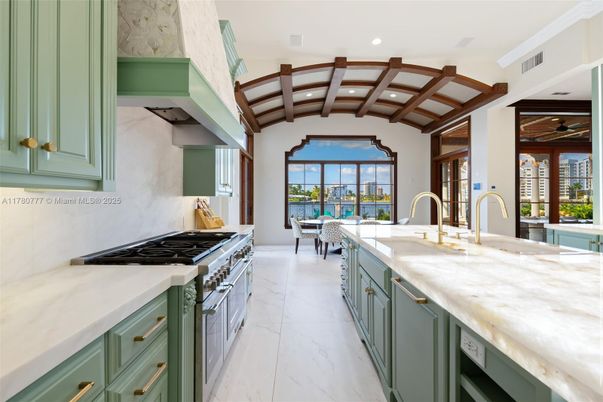 Dining room, Interior, Kitchen, Marble, Recessed Lighting, Stainless Steel Appliances, Wooden Beams