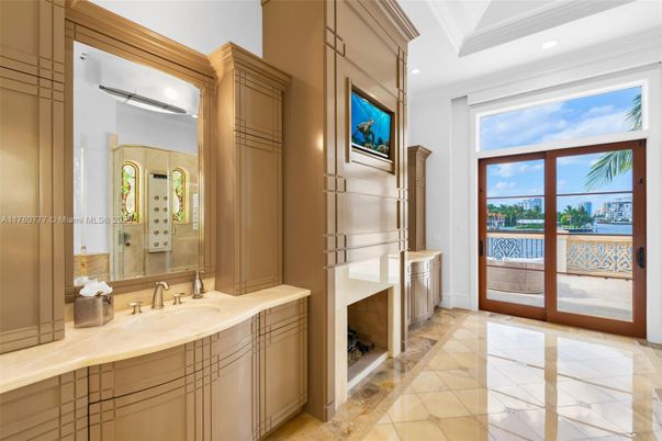 Bathroom, Fireplace, Interior, Marble, Recessed Lighting