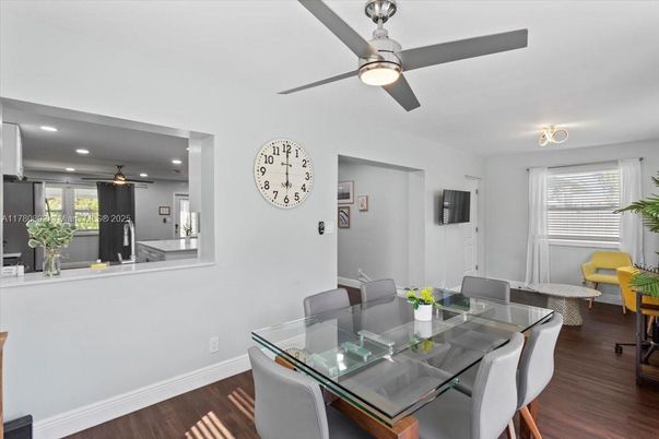 Dining room, Interior, Recessed Lighting, Wood Texture Flooring