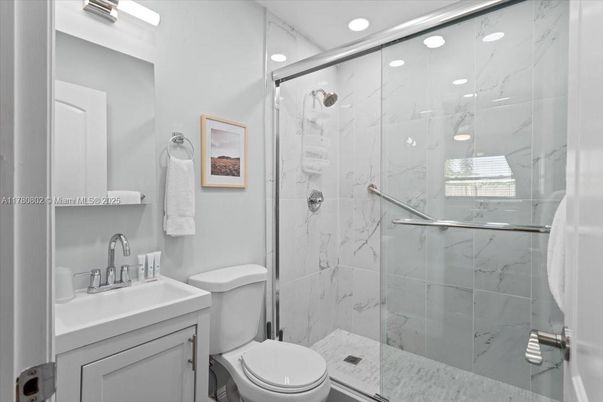 Bathroom, Glass Shower, Interior, Marble Walls, Recessed Lighting