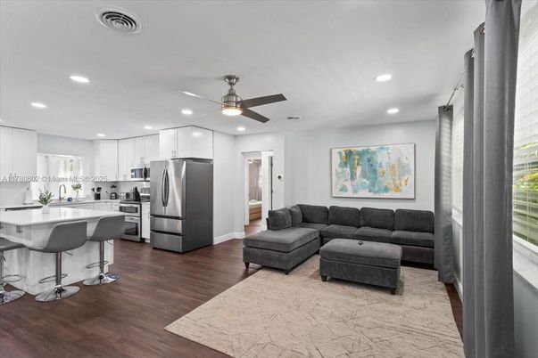 Interior, Kitchen, Living room, Recessed Lighting, Stainless Steel Appliances, Wood Texture Flooring