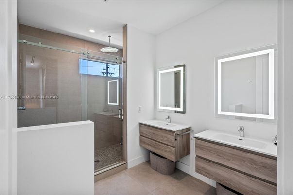 Bathroom, Dual Sink Vanities, Glass Shower, Interior, Pendant Lights, Recessed Lighting
