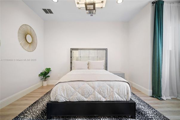Bedroom, Interior, Recessed Lighting, Wood Texture Flooring