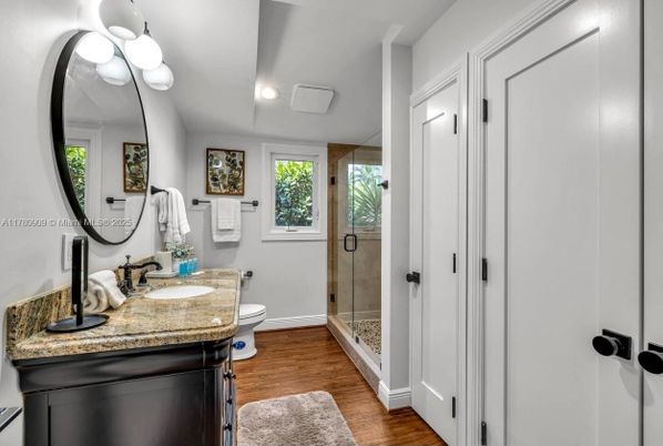 Bathroom, Glass Shower, Interior, Recessed Lighting, Wood Texture Flooring