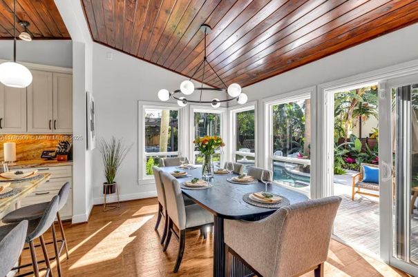 Dining room, Interior, Pendant Lights, Wooden Ceilings, Wood Texture Flooring