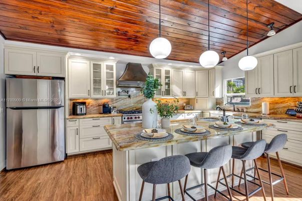 Interior, Kitchen, Pendant Lights, Stainless Steel Appliances, Wooden Ceilings, Wood Texture Flooring