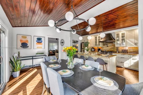 Dining room, Interior, Kitchen, Pendant Lights, Wooden Ceilings, Wood Texture Flooring