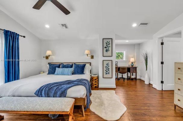 Bedroom, Interior, Recessed Lighting, Wood Texture Flooring