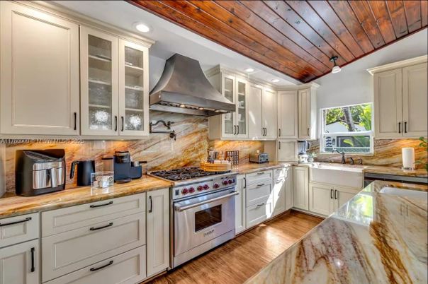 Interior, Kitchen, Recessed Lighting, Stainless Steel Appliances, Wooden Ceilings, Wood Texture Flooring
