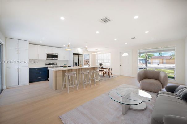 Dining room, Interior, Kitchen, Living room, Pendant Lights, Recessed Lighting, Stainless Steel Appliances, Wood Texture Flooring