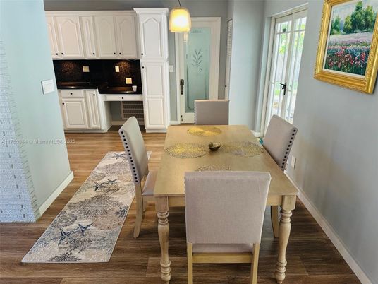 Dining room, Interior, Kitchen, Pendant Lights, Wood Texture Flooring