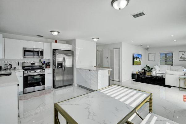 Interior, Kitchen, Living room, Marble, Recessed Lighting, Stainless Steel Appliances