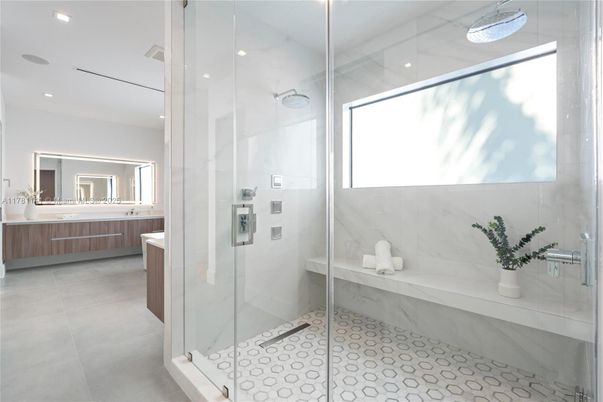 Bathroom, Glass Shower, Interior, Marble Walls, Recessed Lighting
