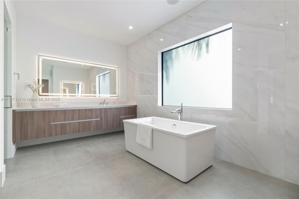 Bathroom, Dual Sink Vanities, Free Standing Baths, Interior, Marble Walls, Recessed Lighting