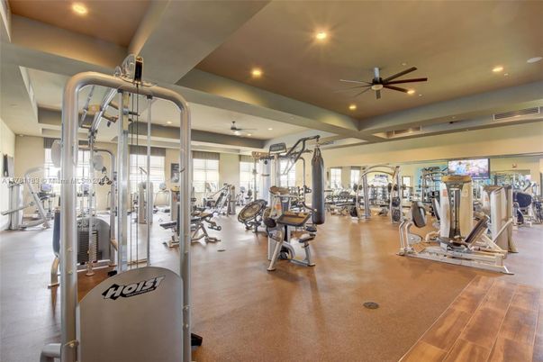 Fitness Equipment, Gym, Interior, Recessed Lighting, Wood Texture Flooring