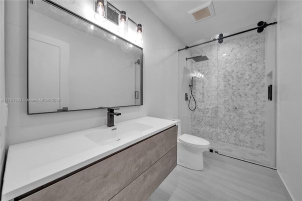 Bathroom, Glass Shower, Interior, Wood Texture Flooring
