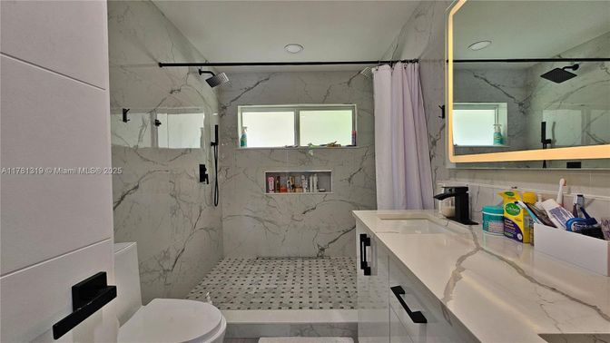 Bathroom, Glass Shower, Interior, Marble Walls, Recessed Lighting