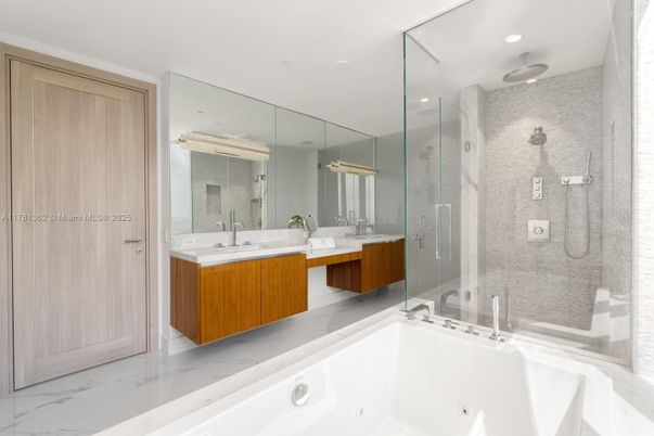 Bathroom, Dual Sink Vanities, Glass Shower, Interior, Marble, Recessed Lighting