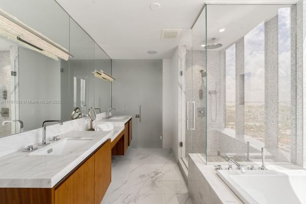 Bathroom, Dual Sink Vanities, Glass Shower, Interior, Marble, Recessed Lighting