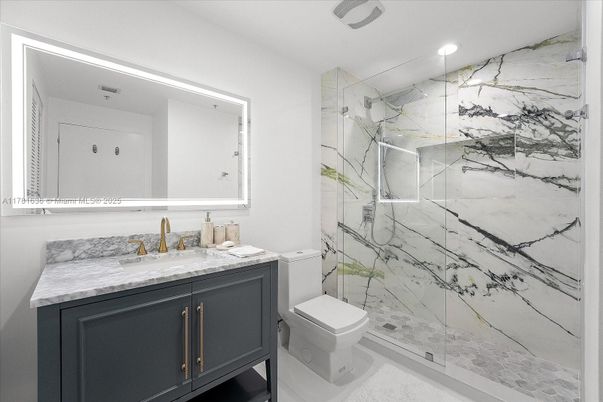 Bathroom, Glass Shower, Interior, Marble Walls, Recessed Lighting