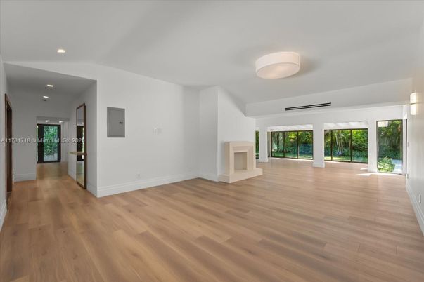 Empty room, Fireplace, Interior, Recessed Lighting, Wood Texture Flooring