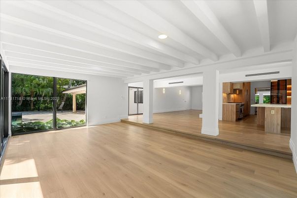 Empty room, Interior, Kitchen, Recessed Lighting, Wood Texture Flooring