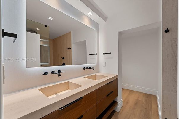 Bathroom, Dual Sink Vanities, Interior, Recessed Lighting, Wood Texture Flooring