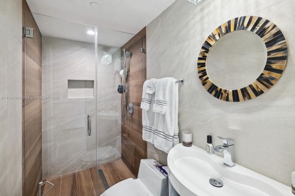 Bathroom, Glass Shower, Interior, Recessed Lighting, Wood Texture Flooring